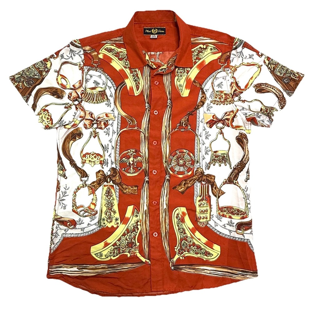 Phat Farm Vintage Short Sleeve Button-up 90s Y2K All Over Print VTG Sz Large Red